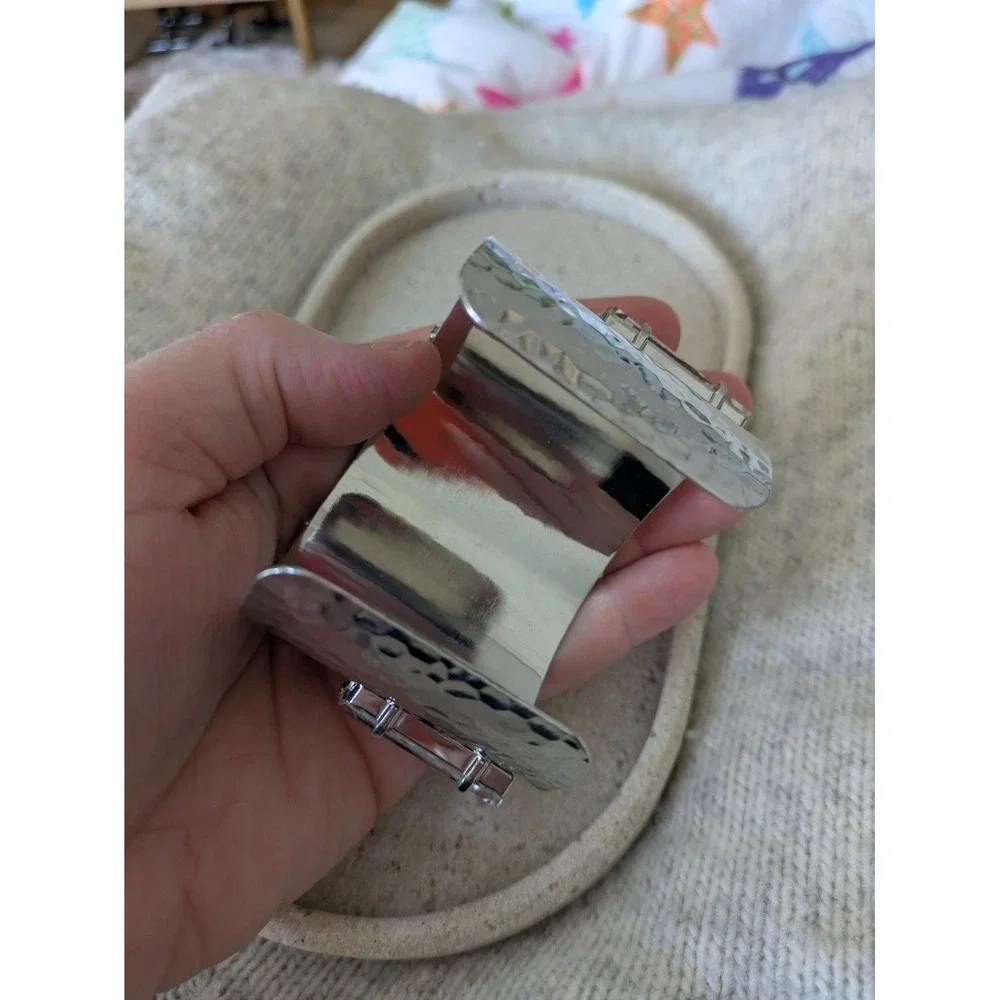 Hammered Silver Tone Cuff Bracelet With Rectangle Rhinestones Chunky Wide Glam